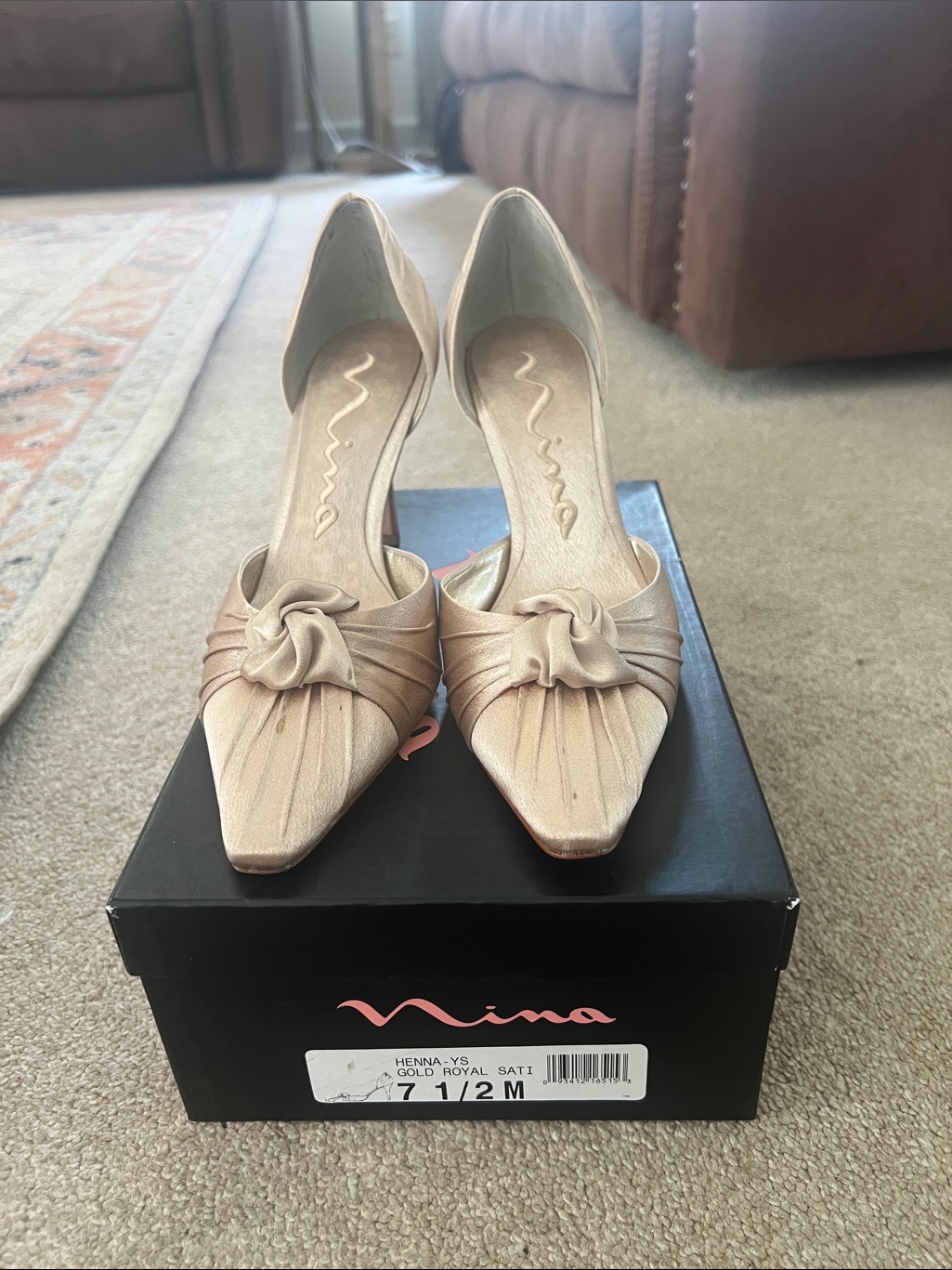 Nina Gold Satin D'orsay Pointed-Toe Pumps With Knot Detail
